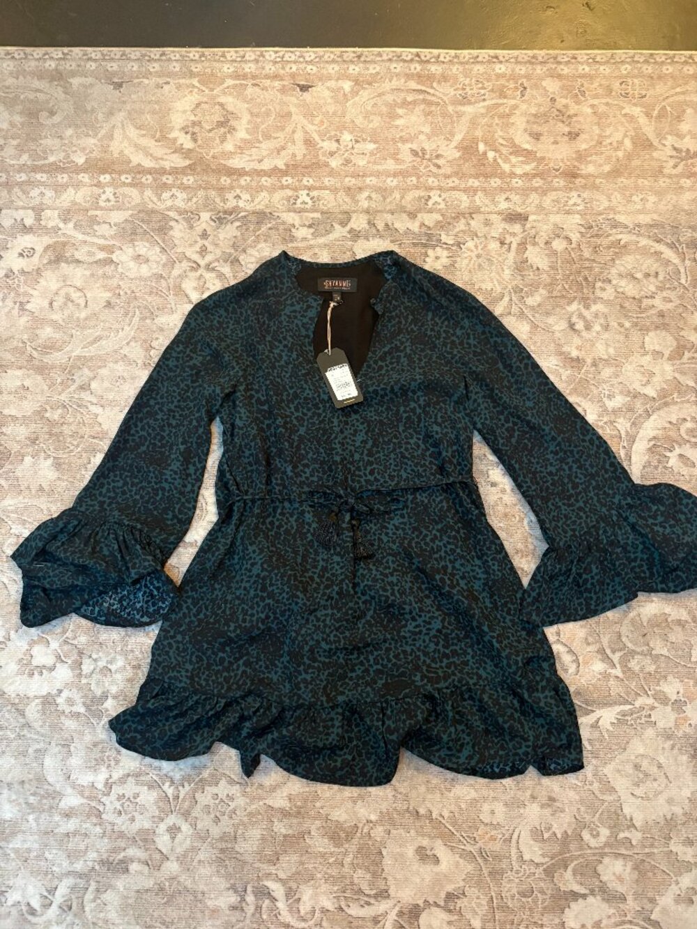 Shyanne Teal Leopard Print Ruffle Mini Dress NWT Size XS